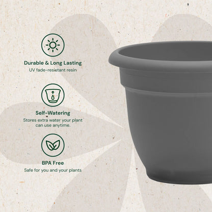 Ariana 16" Self-Watering Plastic Planter - Rolled Rim Indoor/Outdoor Garden Pot, Charcoal