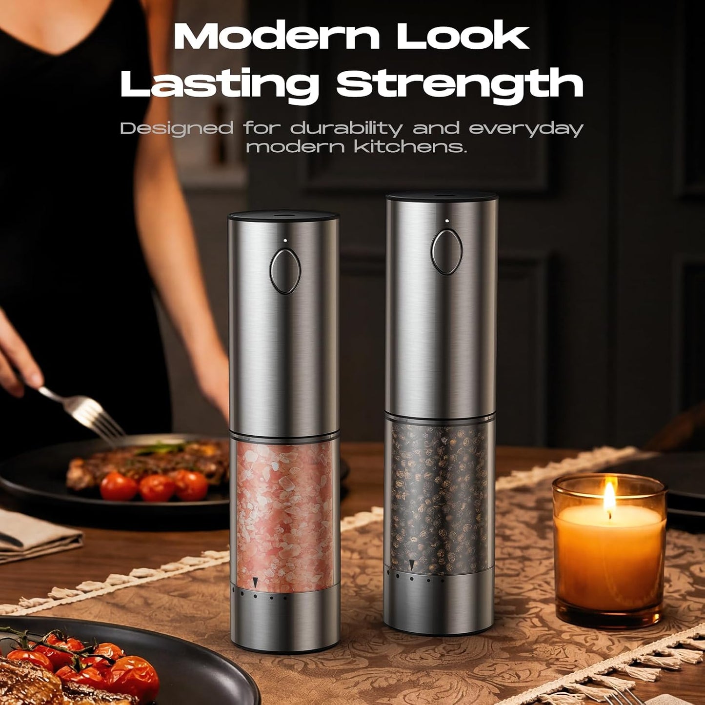 Electric Salt and Pepper Grinder Set, Rechargeable Automatic Salt and Pepper Shaker with 6 Adjustable Coarseness, Large-Capacity Pepper Mill Kitchen Appliances (Rechargeable-Stainless Steel)