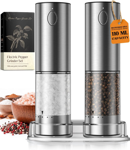 Electric Salt and Pepper Grinder Set, Rechargeable Automatic Salt and Pepper Shaker with 6 Adjustable Coarseness, Large-Capacity Pepper Mill Kitchen Appliances (Rechargeable-Stainless Steel)