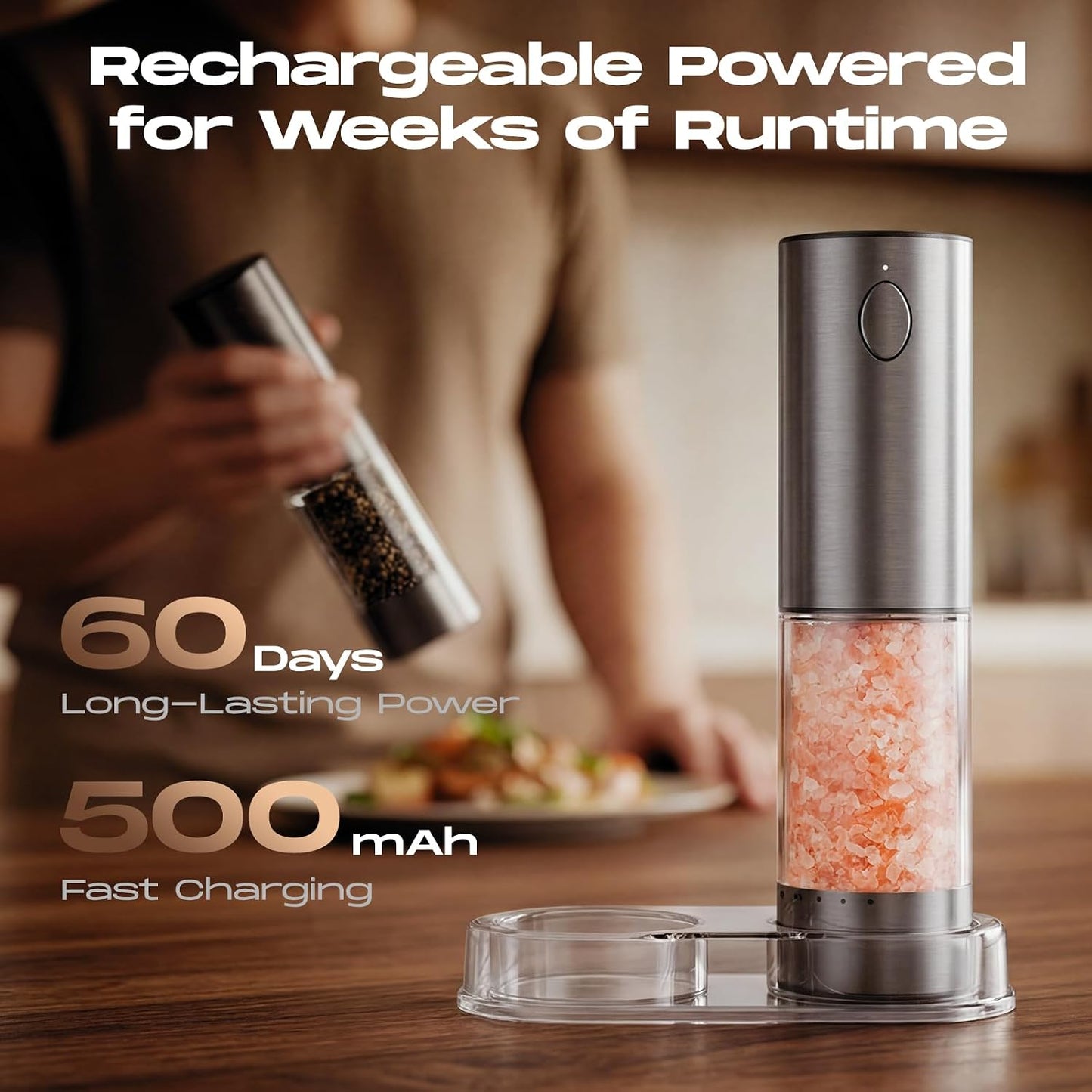 Electric Salt and Pepper Grinder Set, Rechargeable Automatic Salt and Pepper Shaker with 6 Adjustable Coarseness, Large-Capacity Pepper Mill Kitchen Appliances (Rechargeable-Stainless Steel)