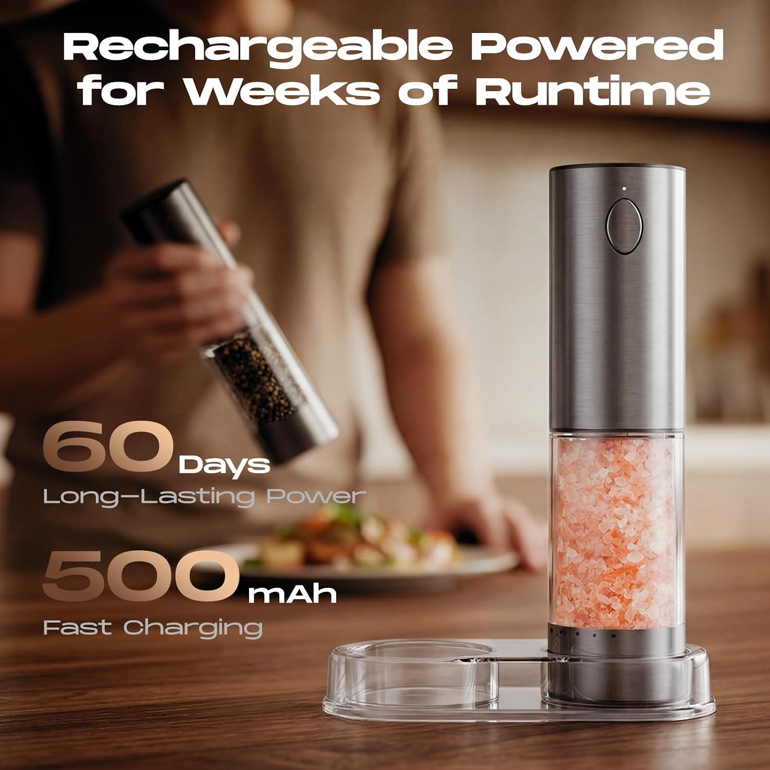 Electric Salt and Pepper Grinder Set, Rechargeable Automatic Salt and Pepper Shaker with 6 Adjustable Coarseness, Large-Capacity Pepper Mill Kitchen Appliances (Rechargeable-Stainless Steel)