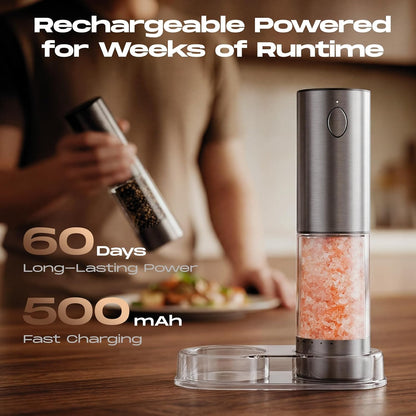 Electric Salt and Pepper Grinder Set, Rechargeable Automatic Salt and Pepper Shaker with 6 Adjustable Coarseness, Large-Capacity Pepper Mill Kitchen Appliances (Rechargeable-Stainless Steel)