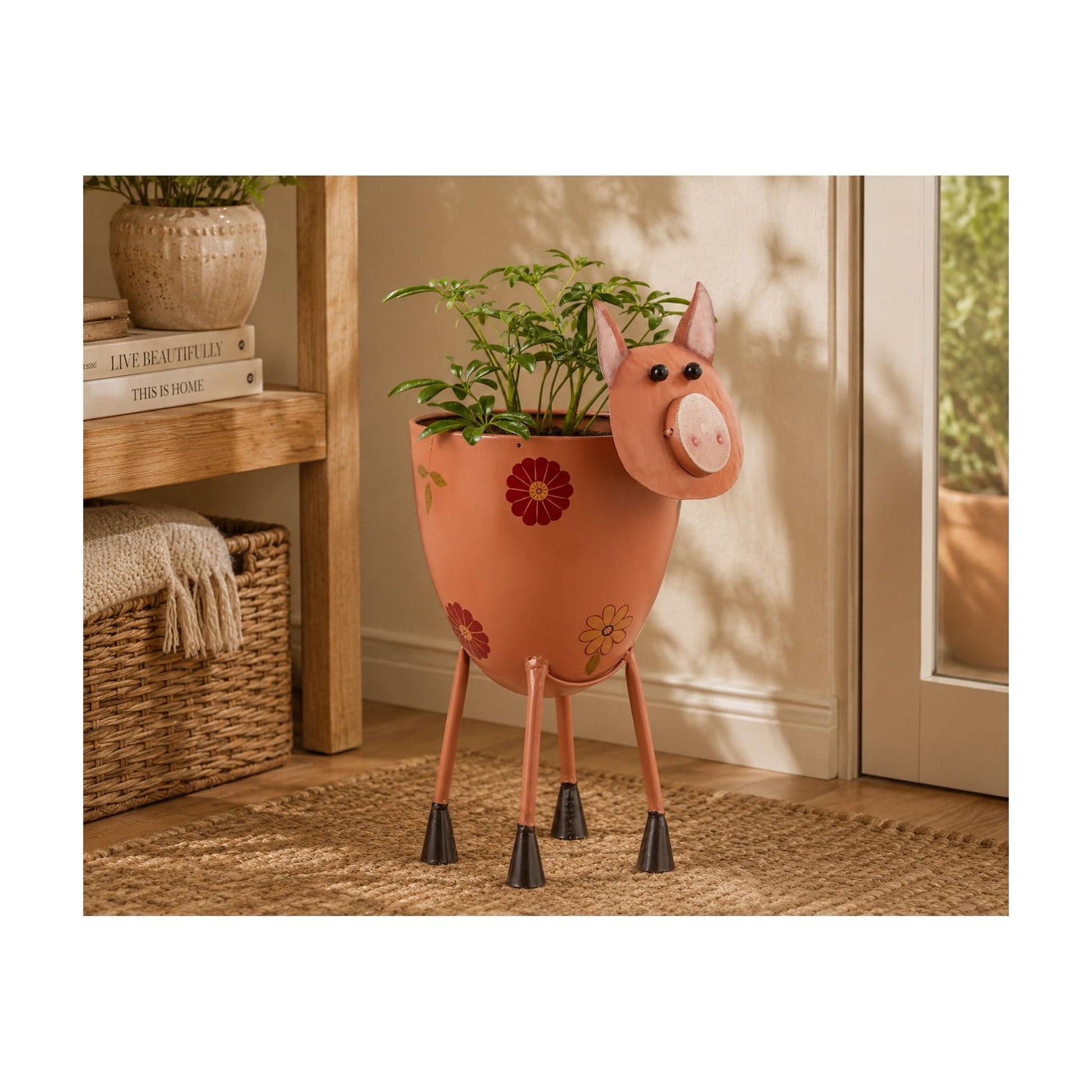 8" X 16" Pink Metal Pig Planter with Floral Accents