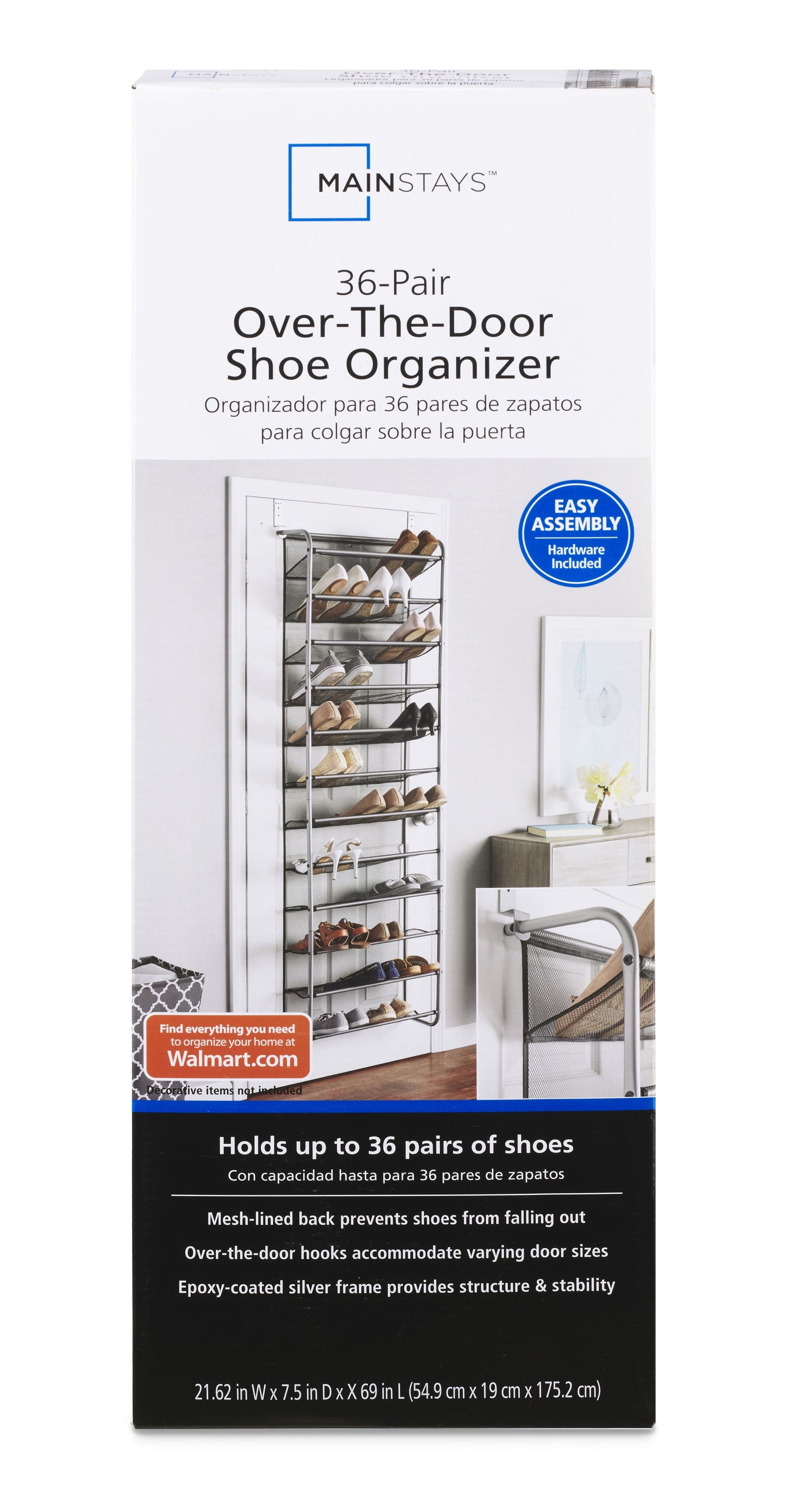 Over-The-Door Shoe Rack, Fits up to 36 Pairs, Space Saving, Mesh Lined, Tear Resistant