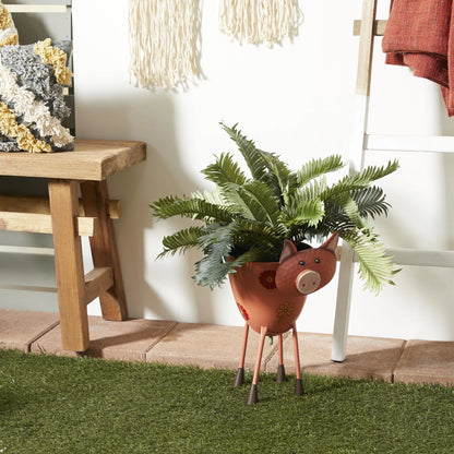 8" X 16" Pink Metal Pig Planter with Floral Accents