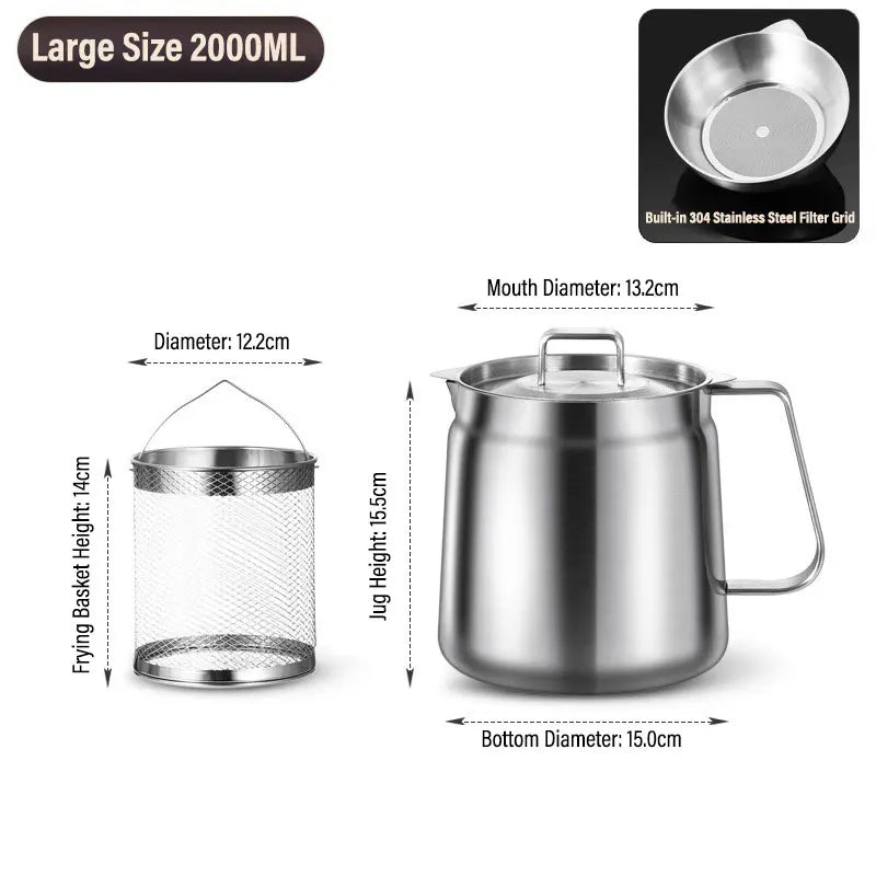 2/1.5L Oil Filter Fry Basket Oil Storage Can Pot Stainless Steel with Basket and Lid Deep Fryer Multifunctional Deep Frying Pot